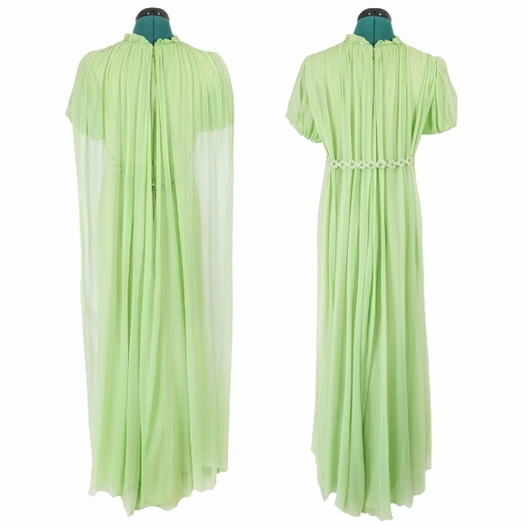 1960s Fairy Cape Dress Flower Power Vintage Prom Formal Romantic ILGWU Green vtg - Picture 3 of 9